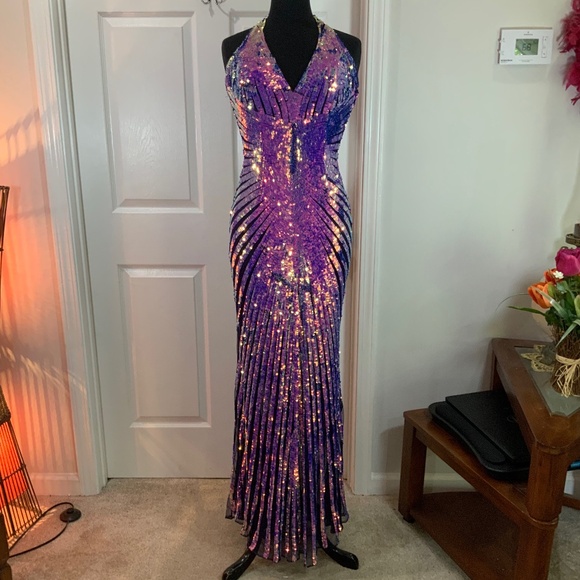 Primavera Couture Sequin Halter Purple Pink Open Back Mermaid Gown Size 10